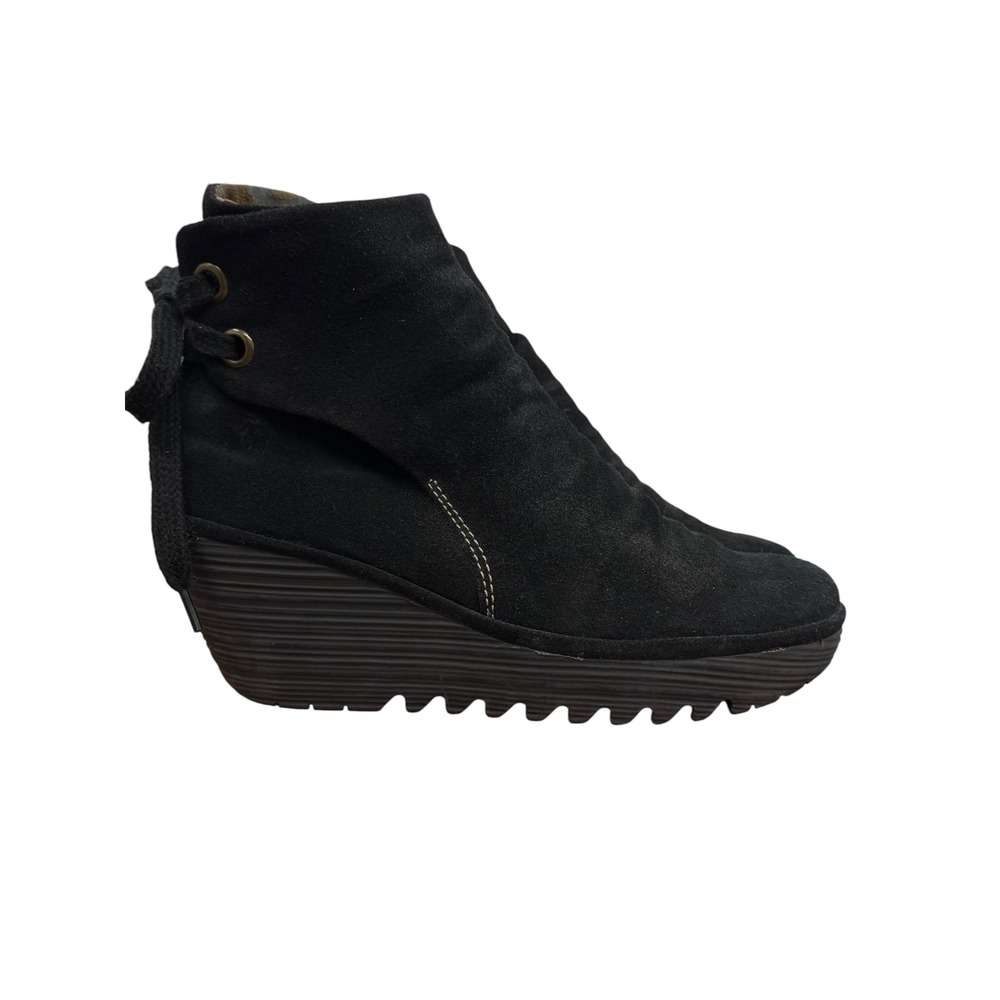 Fly London Yama Wedge Boot Ankle Women 39 8.5 Black Slouchy Artsy Comfort Suede